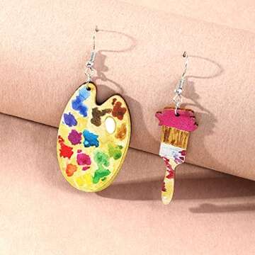 Bohemian Vintage Big Wooden Artist Double-sided Printing Paint Brush Dangle Drop Earrings Paint Palette Charm Earrings Colorful Painter Jewelry for Women Artist Gift Art Teacher Gifts (Colorful Palette)