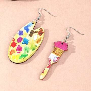 Bohemian Vintage Big Wooden Artist Double-sided Printing Paint Brush Dangle Drop Earrings Paint Palette Charm Earrings Colorful Painter Jewelry for Women Artist Gift Art Teacher Gifts (Colorful Palette)