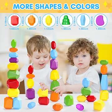 42PCS Wooden Sorting Stacking Rocks Preschool Learning Aids Montessori Toys for Toddlers 1-3 Building Blocks Balancing Stones Sensory Toys for 1 2 3 4 5 6 Year Old Boys and Girls Gift for Kids
