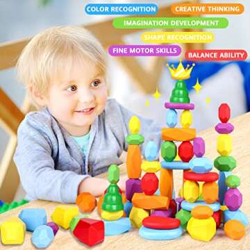 42PCS Wooden Sorting Stacking Rocks Preschool Learning Aids Montessori Toys for Toddlers 1-3 Building Blocks Balancing Stones Sensory Toys for 1 2 3 4 5 6 Year Old Boys and Girls Gift for Kids