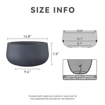 Kante 15.7" Dia Round Concrete Planter, Outdoor Indoor Garden Plant Pots with Drainage Hole and Rubber Plug, Modern Curvaceous Design, Charcoal