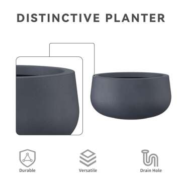 Kante 15.7" Dia Round Concrete Planter, Outdoor Indoor Garden Plant Pots with Drainage Hole and Rubber Plug, Modern Curvaceous Design, Charcoal