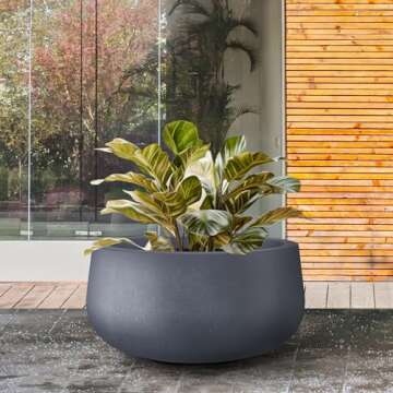 Kante 15.7" Dia Round Concrete Planter, Outdoor Indoor Garden Plant Pots with Drainage Hole and Rubber Plug, Modern Curvaceous Design, Charcoal