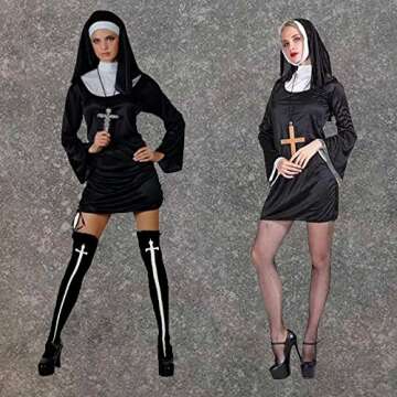 Halloween Nun Costume Accessories for Women, Catholic Nun Costume Hat Gold Cross Pendant Necklace Knee Thigh High Stockings for Halloween Cosplay Party