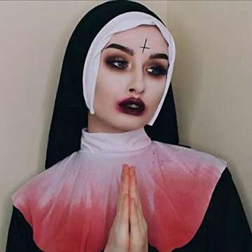 Halloween Nun Costume Accessories for Women, Catholic Nun Costume Hat Gold Cross Pendant Necklace Knee Thigh High Stockings for Halloween Cosplay Party