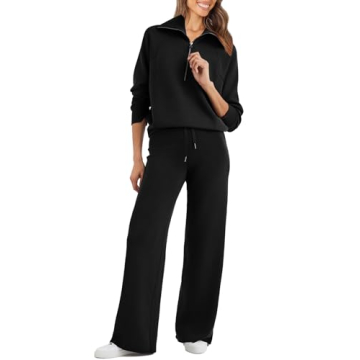 Glamaker Women 2 Piece Outfits 2025 Fall Sweatsuit Hoodie Set Oversized Half Zip Sweatshirt Sweatpant Lounge Set Tracksuit Black M