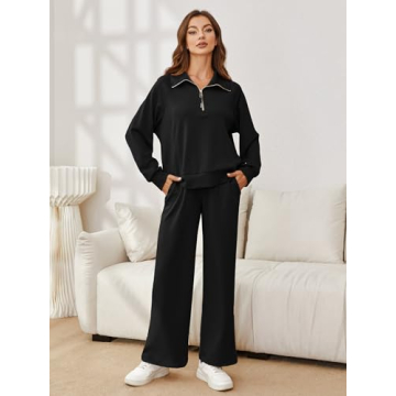 Glamaker Women 2 Piece Outfits 2025 Fall Sweatsuit Hoodie Set Oversized Half Zip Sweatshirt Sweatpant Lounge Set Tracksuit Black M