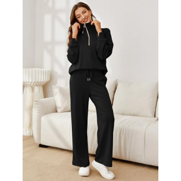 Glamaker Women 2 Piece Outfits 2025 Fall Sweatsuit Hoodie Set Oversized Half Zip Sweatshirt Sweatpant Lounge Set Tracksuit Black M