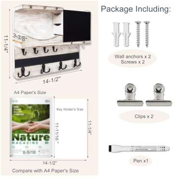 Farmhouse Key and Mail Holder for Wall Decorative, Rustic Mail and Key Organizer for Wall with Diffe...