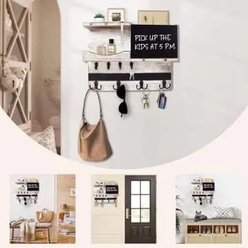 Farmhouse Key and Mail Holder for Wall Decorative, Rustic Mail and Key Organizer for Wall with Different Hooks, Chalkboard, Key Holder Wall Mount with Shelf, Basket, Clips(Pine Wood, White Washed)
