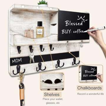 Farmhouse Key and Mail Holder for Wall Decorative, Rustic Mail and Key Organizer for Wall with Different Hooks, Chalkboard, Key Holder Wall Mount with Shelf, Basket, Clips(Pine Wood, White Washed)