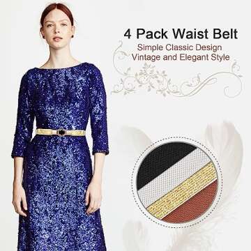 WERFORU Women Skinny Belt for Dresses Retro Stretch Ladies Waist Belt Plus Size Set of 4 (Fits Waist 22"-29", e-black+brown+white+gold)