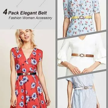 WERFORU Women Skinny Belt for Dresses Retro Stretch Ladies Waist Belt Plus Size Set of 4 (Fits Waist 22"-29", e-black+brown+white+gold)