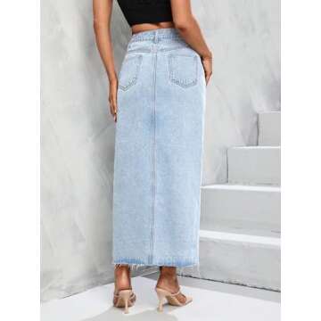 Women's High Waist Maxi Denim Skirt Front Split Frayed Raw Hem A line Casual Long Jean Skirt.