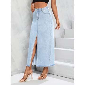 Women's High Waist Maxi Denim Skirt Front Split Frayed Raw Hem A line Casual Long Jean Skirt.