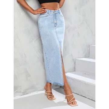 Women's High Waist Maxi Denim Skirt Front Split Frayed Raw Hem A line Casual Long Jean Skirt.
