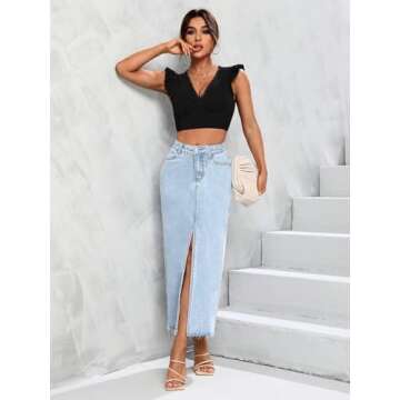 Women's High Waist Maxi Denim Skirt Front Split Frayed Raw Hem A line Casual Long Jean Skirt.