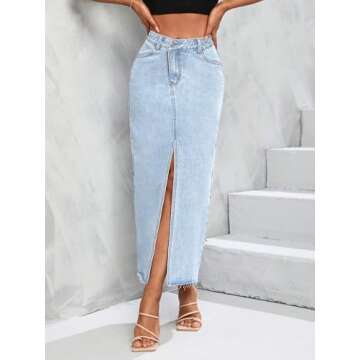 Women's High Waist Maxi Denim Skirt Front Split Frayed Raw Hem A line Casual Long Jean Skirt.