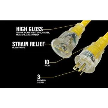 Yellow Jacket Extra Heavy Duty Extension Cord, 50Ft, 10 Gauge, 3 Conductor, Lighted End, Weather Resistant, SJTW, Yellow, 2991