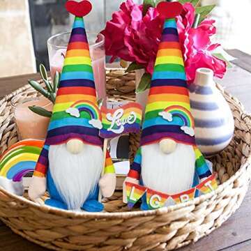 Pride Gnome Decorations - 2PCS Pride Rainbow Gnomes Plush Holding Love Flag LGBT Sign for Home Table Tiered Tray Party Decor Supplies Gifts