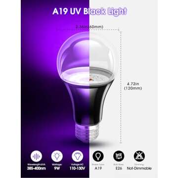 Black Light Bulbs 4 Pack, A19 LED Black Light Bulbs for Glow in The Dark 9W (100W Equivalent) E26 Base, Black Lights Party, Fluorescent Poster, Body Paint,Neon Glow