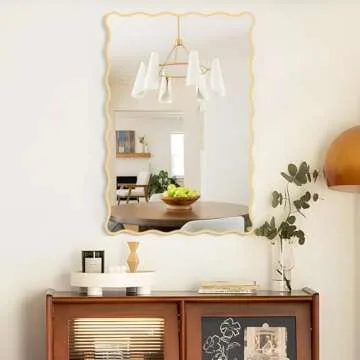 FUWU HOME Gold Wavy Bathroom Mirror 20" x 30" Rectangle Scalloped Mirror for Wall Decor, Bathroom Vanity, Bedroom, Living Room, Entryway