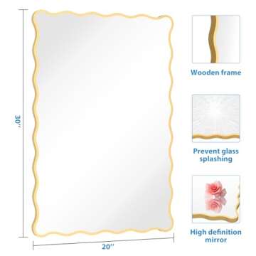 FUWU HOME Gold Wavy Bathroom Mirror 20" x 30" Rectangle Scalloped Mirror for Wall Decor, Bathroom Vanity, Bedroom, Living Room, Entryway