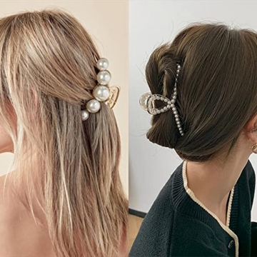 DEEKA 5 Pcs Large Pearl Hair Claw Clips White Black Thick Long Jaw Clips Barrettes Hair Accessories for Women and Girls