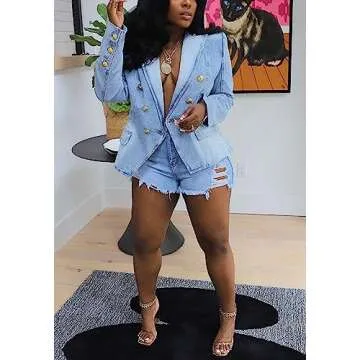 Women's Denim Casual Blazer Lapel Collar Open Front Slim Fit Work Office Jean Jacket Coat