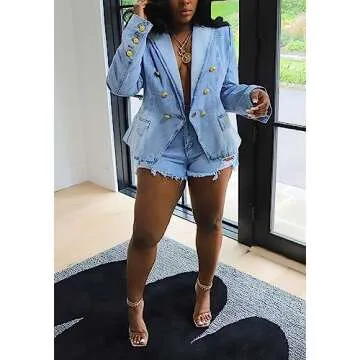 Women's Denim Casual Blazer Lapel Collar Open Front Slim Fit Work Office Jean Jacket Coat