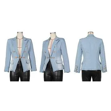 Women's Denim Casual Blazer Lapel Collar Open Front Slim Fit Work Office Jean Jacket Coat