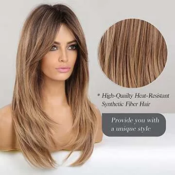 HAIRCUBE Long Layered Synthetic Hair Wigs for Women with Bang (Ombre Mixed Brown)