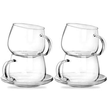 Tosnail 4 Pack 11oz Glass Cups and Saucers Set Glass Coffee Mugs Set, Coffee Cup with Handle, Drinking Glasses for Latte, Cappuccino, Mocha, Hot Chocolate, Tea, Juice and Hot or Iced Beverage