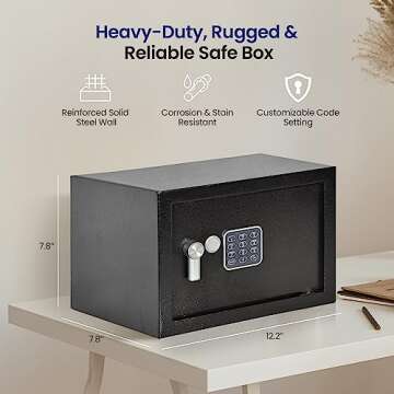 SereneLife Electronic Safe Box | Heavy Duty 12.2’’ x 7.8’’ Lockbox | Digital Keypad Code & 2 Key access | Small Money Safe for Home & Office | Secure Cash, Jewelry, Valuables | Wall & Floor Mountable