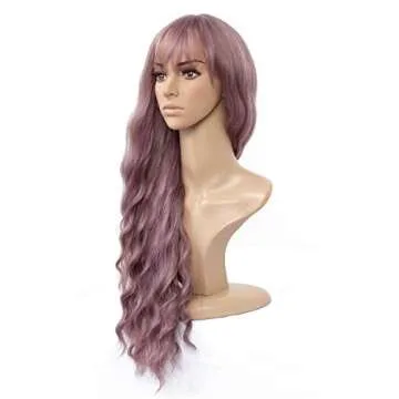 HUA MIAN LI Long Wavy Wig With Air Bangs Silky Full Heat Resistant Synthetic Wig for Women - Natural Looking Machine Made Grey Pink 26 inch Hair Replacement Wig for Party Cosplay Body Wavy (Pink)