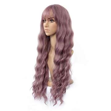 HUA MIAN LI Long Wavy Wig With Air Bangs Silky Full Heat Resistant Synthetic Wig for Women - Natural Looking Machine Made Grey Pink 26 inch Hair Replacement Wig for Party Cosplay Body Wavy (Pink)