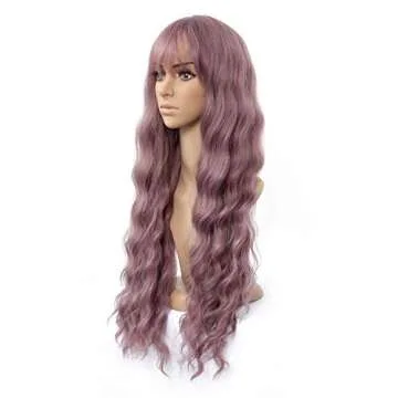 HUA MIAN LI Long Wavy Wig With Air Bangs Silky Full Heat Resistant Synthetic Wig for Women - Natural Looking Machine Made Grey Pink 26 inch Hair Replacement Wig for Party Cosplay Body Wavy (Pink)