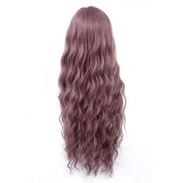 HUA MIAN LI Long Wavy Wig With Air Bangs Silky Full Heat Resistant Synthetic Wig for Women - Natural Looking Machine Made Grey Pink 26 inch Hair Replacement Wig for Party Cosplay Body Wavy (Pink)