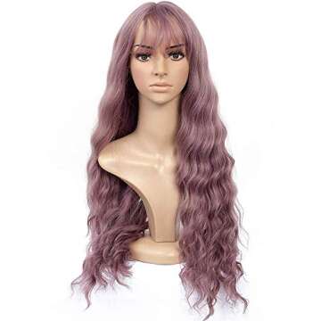 HUA MIAN LI Long Wavy Wig With Air Bangs Silky Full Heat Resistant Synthetic Wig for Women - Natural Looking Machine Made Grey Pink 26 inch Hair Replacement Wig for Party Cosplay Body Wavy (Pink)