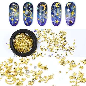 MEILINDS Gold Nail Studs Gems Sparkle Rhinestones Metal Rivets Charms Hollow Moon Star Shaped Artificial Pearls DIY 3D Nail Art Decoration(2 Boxes)