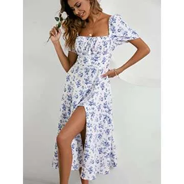WDIRARA Women's Floral Print Tie Front Square Neck Short Sleeve Split Thigh Dress Blue and White S
