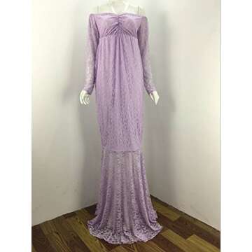 ZIUMUDY Women's Off Shoulder Long Sleeve Lace Maternity Gown Mermaid Maxi Photography Dress (Light Purple, Large)
