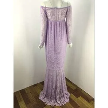 ZIUMUDY Women's Off Shoulder Long Sleeve Lace Maternity Gown Mermaid Maxi Photography Dress (Light Purple, Large)