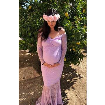 ZIUMUDY Women's Off Shoulder Long Sleeve Lace Maternity Gown Mermaid Maxi Photography Dress (Light Purple, Large)
