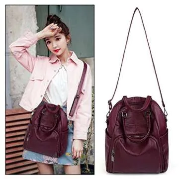 UTO Women Backpack Purse PU Washed Leather Convertible Ladies Rucksack Crossbody Shoulder Bag Red