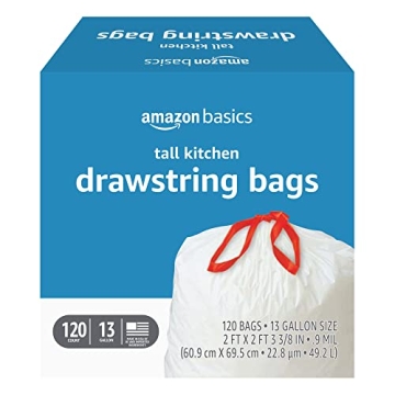Amazon Basics 13 Gallon Tall Kitchen Drawstring Trash Bags 120 Count