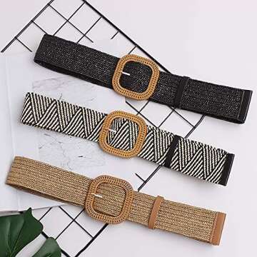 YUCFOREN Women Skinny Dress Belt, Fashion Straw Woven Elastic Stretch Waist Band Belt Square Wood Bu...