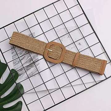 YUCFOREN Women Skinny Dress Belt, Fashion Straw Woven Elastic Stretch Waist Band Belt Square Wood Buckle