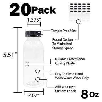 Empty PET Plastic Juice Bottles - Pack of 20 Round Reusable Clear Disposable Milk Bulk Containers with Funnel and Brush and Tamper Evident Caps (Black, 8 oz)