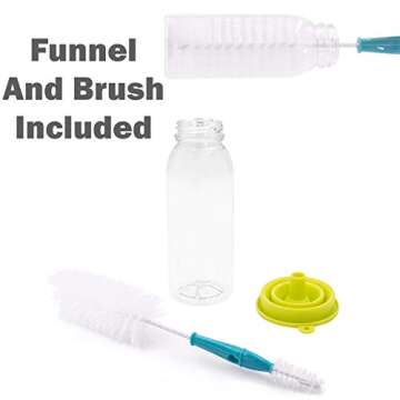 Empty PET Plastic Juice Bottles - Pack of 20 Round Reusable Clear Disposable Milk Bulk Containers with Funnel and Brush and Tamper Evident Caps (Black, 8 oz)